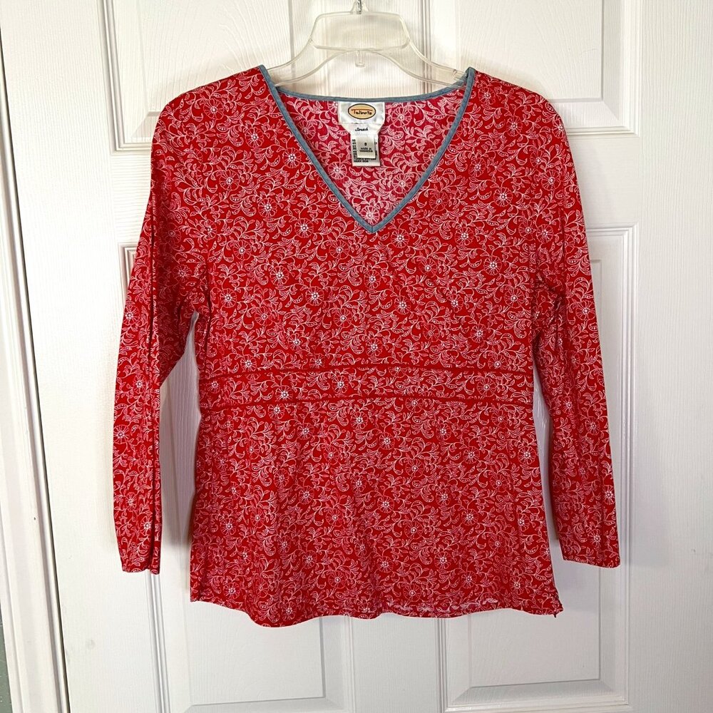 Talbots Red & White Floral 3/4 Sleeve 96% Cotton Blouse, Size Small